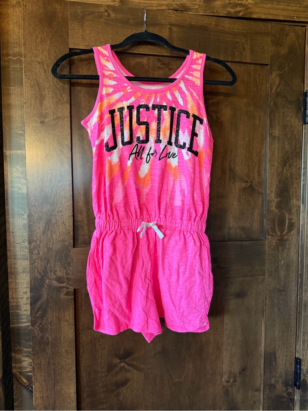 Justice Pink & Orange Tie-Dye Tank Romper with 'All for Love' Graphic Sz 10